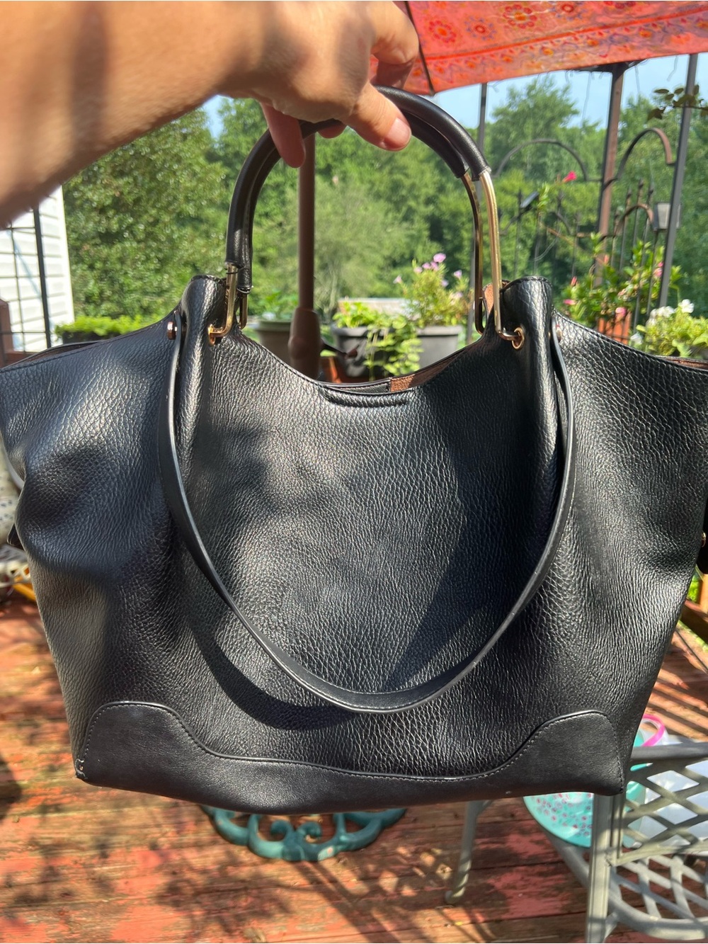 Sondra Roberts Black Pebbled Leather Shoulder Tote